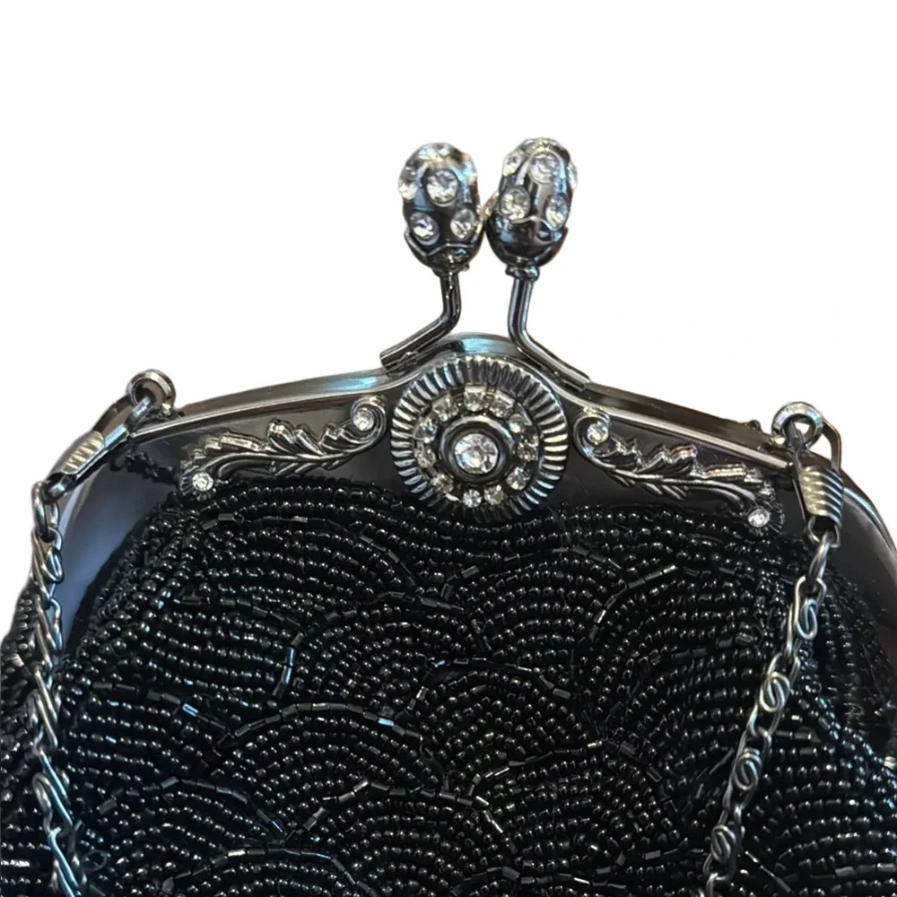 Black and Silver Beaded Clutch with Ornate Clasp